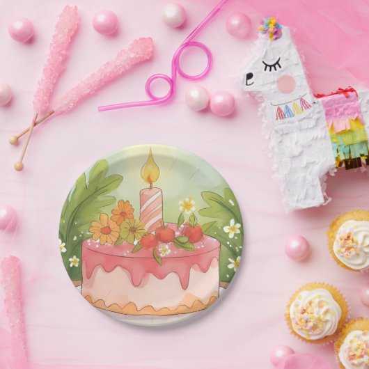 Roze verjaardagstaart | Gelukkige verjaardag Papieren Bordje (Feest)