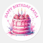 Roze verjaardagstaart meisje ronde sticker (Voorkant)