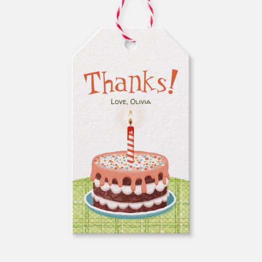 Roze verjaardagstaart met één kaars cadeaulabel (Voorkant)