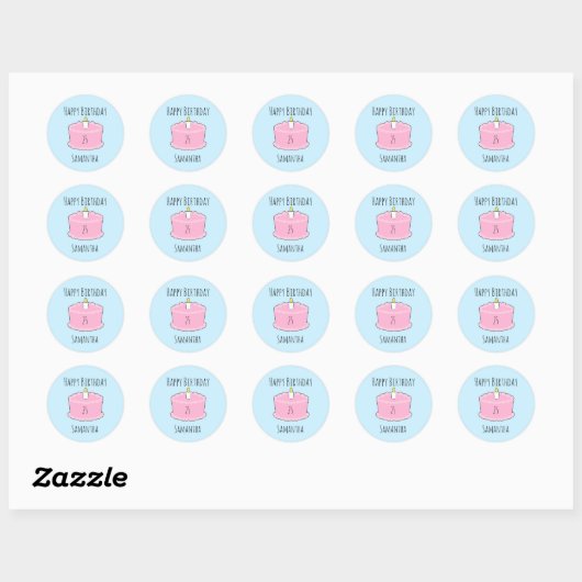 Roze verjaardagstaart ronde sticker (Vel)