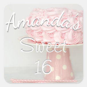 Roze Verjaardagstaart Sweet 16 Pas Sticker aan