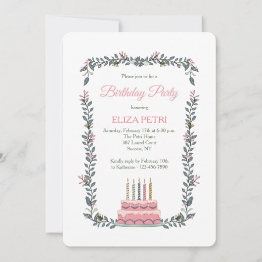 Roze verjaardagstaart uitnodiging (Voorkant)