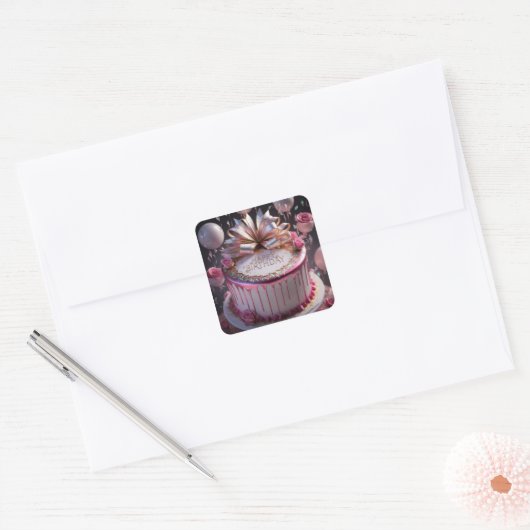 Roze Verjaardagstaart Viering  Vierkante Sticker (Envelop)