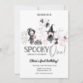 Roze verjaardagsuitnodiging voor Halloween 1e spoo Kaart (Voorkant)
