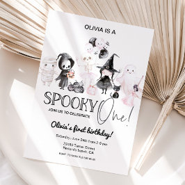 Roze verjaardagsuitnodiging voor Halloween 1e spoo Kaart