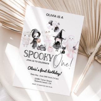 Roze verjaardagsuitnodiging voor Halloween 1e spoo Kaart