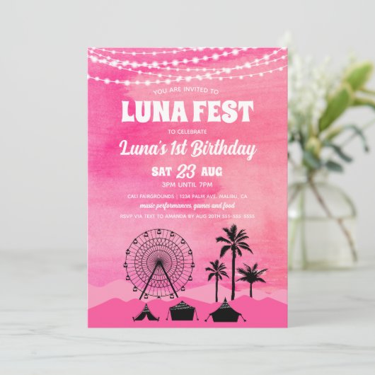 Roze Verjaardagsuitnodiging voor Muziektestival Kaart (Staand voorkant)