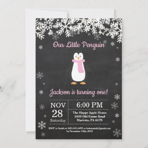 Roze verjaardagsuitnodiging voor pinguïn winter kaart