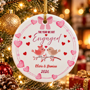 Roze Verliefde Vogels Verloving Kerstmis Keramisch Ornament