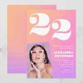 Roze verloop 22ste verjaardagsuitnodiging Retro fo Kaart (Voorkant / Achterkant)