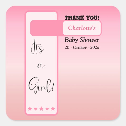Roze Verlopend Zoete Oogbal Tekst Baby Shower Vierkante Sticker (Voorkant)