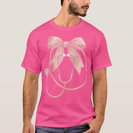 Roze Verpleegster Coquette Bow Stethoscoop Nursing T-shirt (Voorkant)