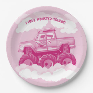 Roze versie I Love Monster Trucks Afbeelding Papieren Bordje