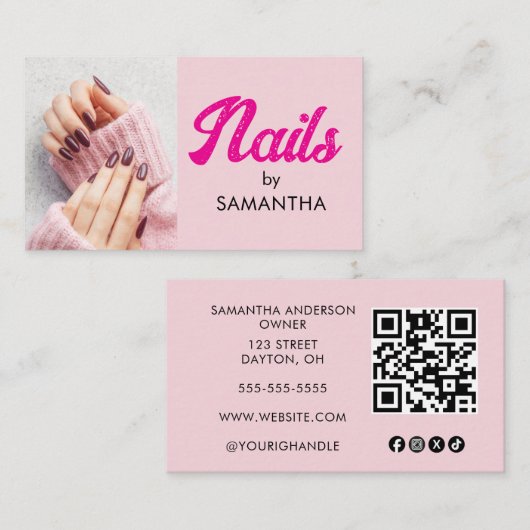 Roze Vet Script Sociaal Icoon QR Code Foto Nagels Visitekaartje (Voorkant / Achterkant)