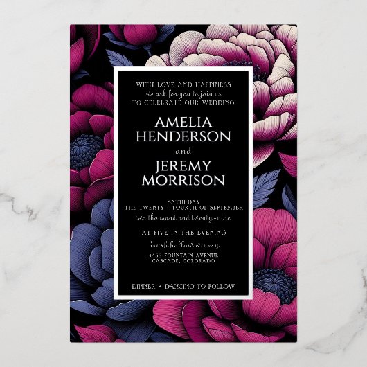 Roze Vette Bloemen met Foto Folie Uitnodiging (Voorkant)