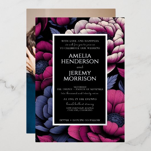 Roze Vette Bloemen met Foto Folie Uitnodiging (Voorkant / Achterkant)