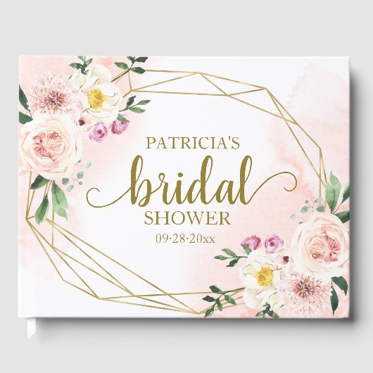 Roze vette Floral Gold Geometric Vrijgezellenfeest Gastenboek (Voorkant)