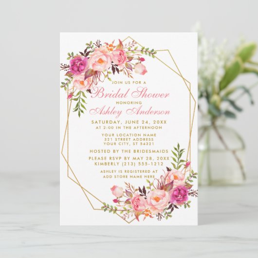 Roze vette Floral Gold Geometric Vrijgezellenfeest Kaart (Staand voorkant)