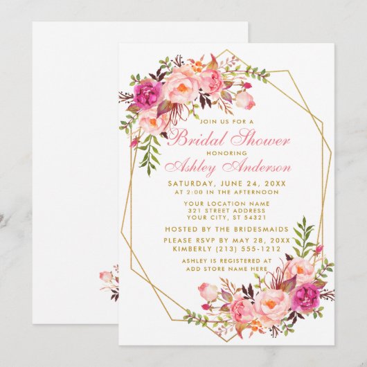 Roze vette Floral Gold Geometric Vrijgezellenfeest Kaart (Voorkant / Achterkant)