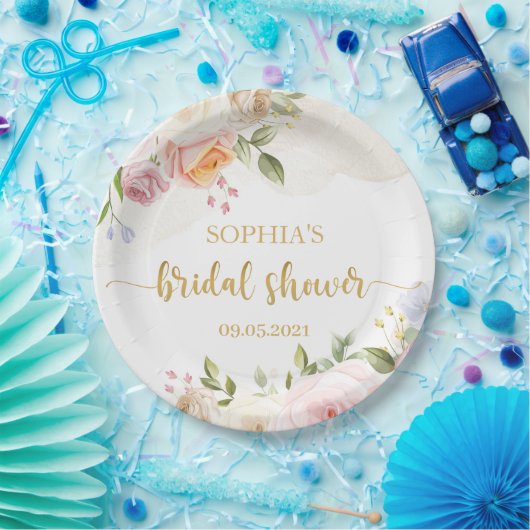 Roze vette Floral Gold Vrijgezellenfeest Papieren Bordje (Feest)