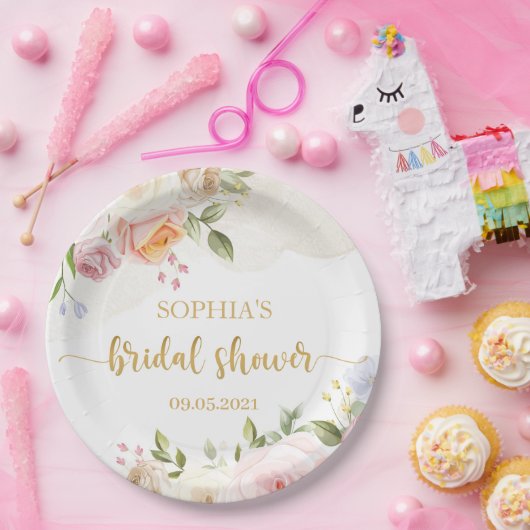 Roze vette Floral Gold Vrijgezellenfeest Papieren Bordje (Feest)