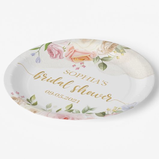 Roze vette Floral Gold Vrijgezellenfeest Papieren Bordje (Gekanteld)