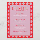 Roze Vette Funky Retro Checkerboard Wedding Menu (Voorkant)