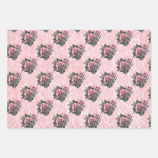 Roze Victoriaans Gotisch Glam Skelet en Damask Inpakpapier Vel (Voorkant 3)