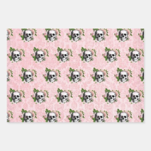 Roze Victoriaans Gotisch Glam Skelet en Damask Inpakpapier Vel (Voorkant)
