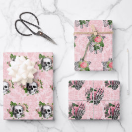 Roze Victoriaans Gotisch Glam Skelet en Damask Inpakpapier Vel