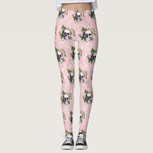 Roze Victoriaans Gotisch Glam Skelet en Damask Leggings (Voorkant)