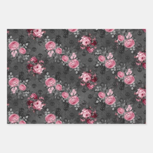 Roze Victoriaans Gotische Glam Skull en Damask Inpakpapier Vel (Voorkant 2)