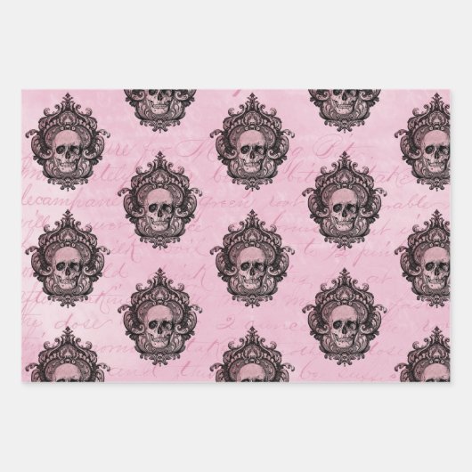 Roze Victoriaans Gotische Glam Skull en Damask Inpakpapier Vel (Voorkant)
