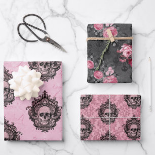 Roze Victoriaans Gotische Glam Skull en Damask Inpakpapier Vel