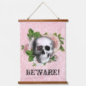 Roze Victoriaans Gotische Schedel Halloween Pas op Hangend Wandkleed (Voorkant)