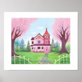 Roze Victoriaans Huis & Cherry Blossom Art Print (Voorkant)