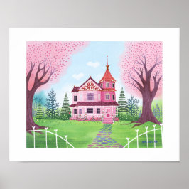 Roze Victoriaans Huis & Cherry Blossom Art Print