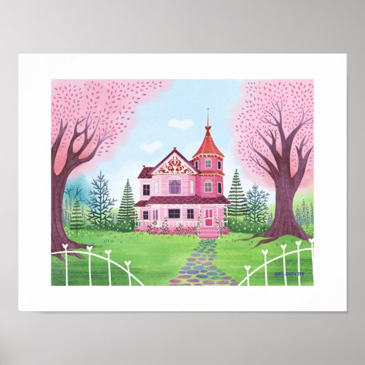 Roze Victoriaans Huis & Cherry Blossom Art Print (Voorkant)
