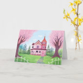 Roze Victoriaans Huis & Cherry Blossom Blank Kaart (Gele Bloem)