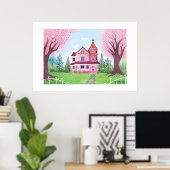Roze Victoriaans Huis Groot Formaat Print (Thuiskantoor)