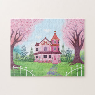 Roze Victoriaans Huis & Kersenbloesem Legpuzzel