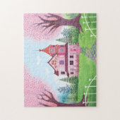 Roze Victoriaans Huis & Kersenbloesem Legpuzzel (Verticaal)