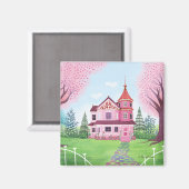 Roze Victoriaans Huis & Kersenbloesem Magneet (Voorkant / Achterkant)