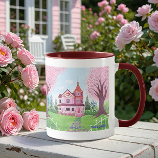 Roze Victoriaans Huis & Kersenbloesem Mok