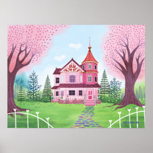 Roze Victoriaans Huis & Kersenbloesem Poster