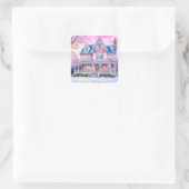 Roze Victoriaans Huis met Kerstmis Vierkante Sticker (Tas)