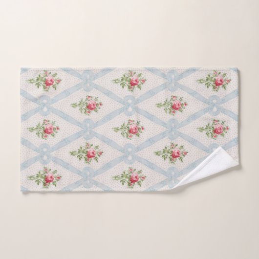 Roze Victoriaans Rozen met blauw lintrooster Bad Handdoek (Handdoek)