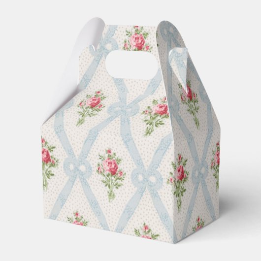 Roze Victoriaans Rozen met blauw lintrooster Bedankdoosjes (Achterkant)