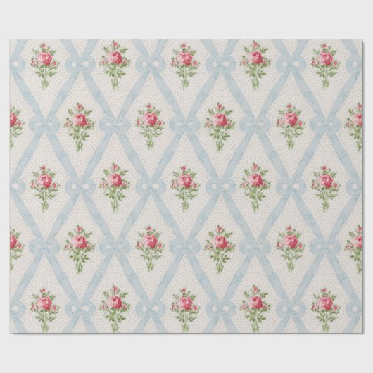 Roze Victoriaans Rozen met blauw lintrooster Cadeaupapier (Vlak)