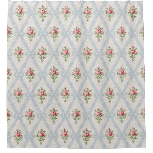 Roze Victoriaans Rozen met blauw lintrooster Douchegordijn (Voorkant)